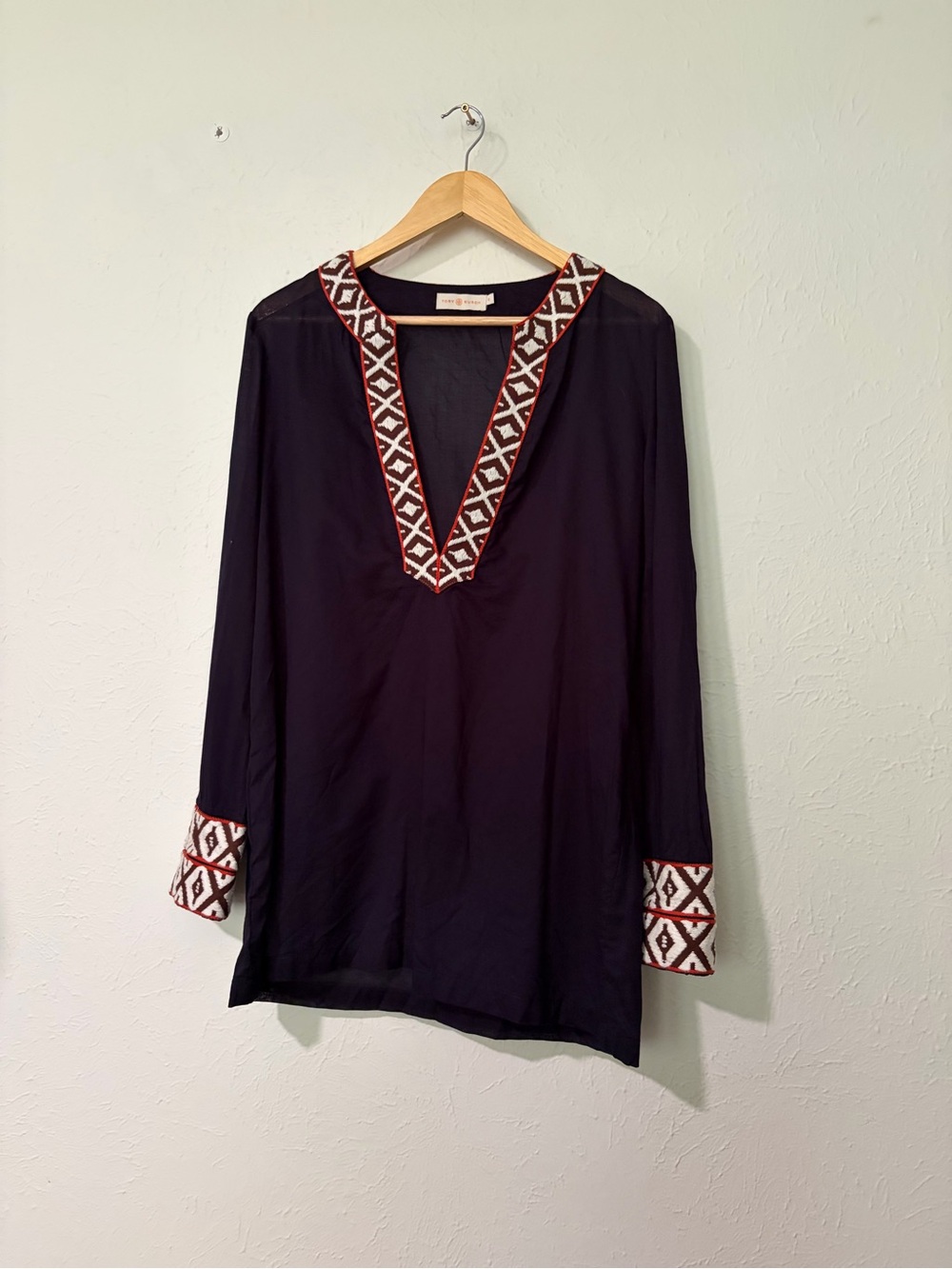 Tory Burch Tunic Long Sleeve Top Size 12 Navy W/Ivory Orange - Picture 4 of 9